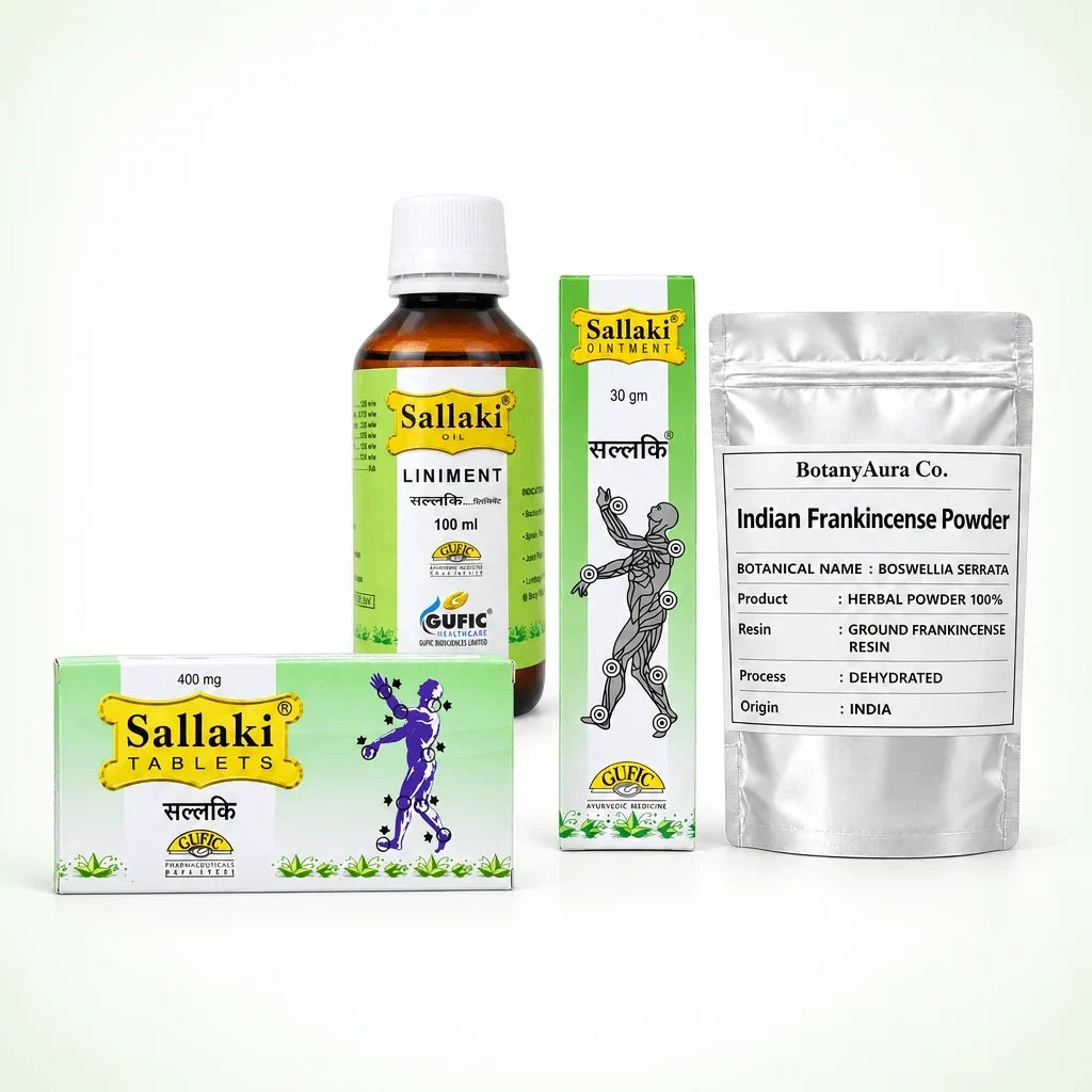 Sallaki-Tabletten, eine Flasche Sallaki-Öl, eine Salbenverpackung und ein Beutel BotanyAura-Weihrauchharzpulver auf weißem Hintergrund.