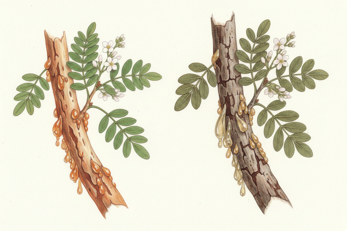 Illustration zweier Rindenstücke mit grünen Blättern, weißen Blüten und Harztropfen auf hellem Hintergrund.