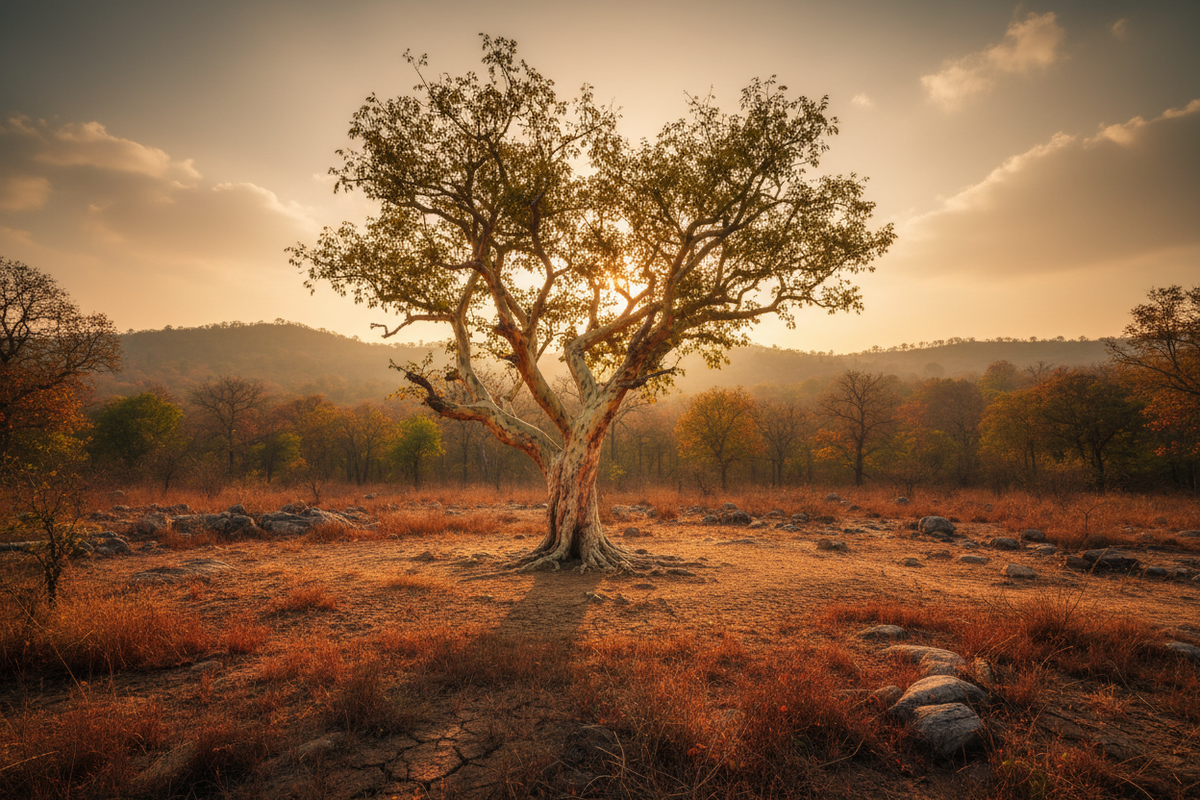 Baum mit verzweigter Krone in einer trockenen, steinigen Landschaft im warmen Sonnenlicht.