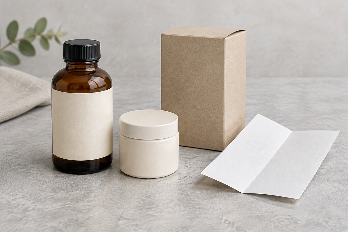 Braune Glasflasche, heller Tiegel, Kartonschachtel und unbedrucktes Faltblatt auf einer Steinfläche.