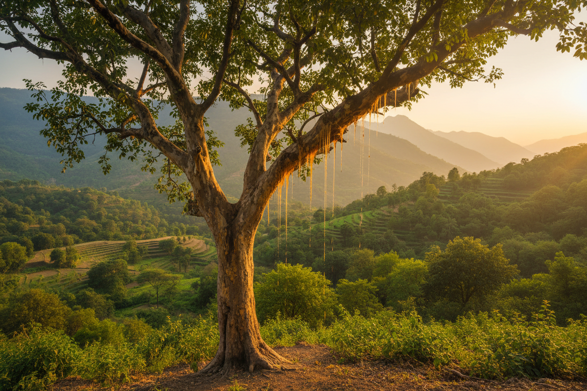 Baum mit ausladenden Ästen vor einer grünen Hügellandschaft im warmen Sonnenlicht.
