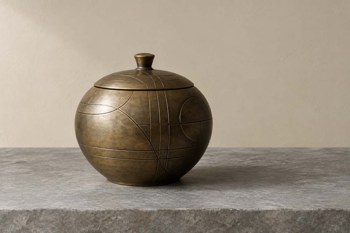 Geschlossenes bronzefarbenes Metallgefäß mit geometrischen Verzierungen auf einer grauen Steinfläche.