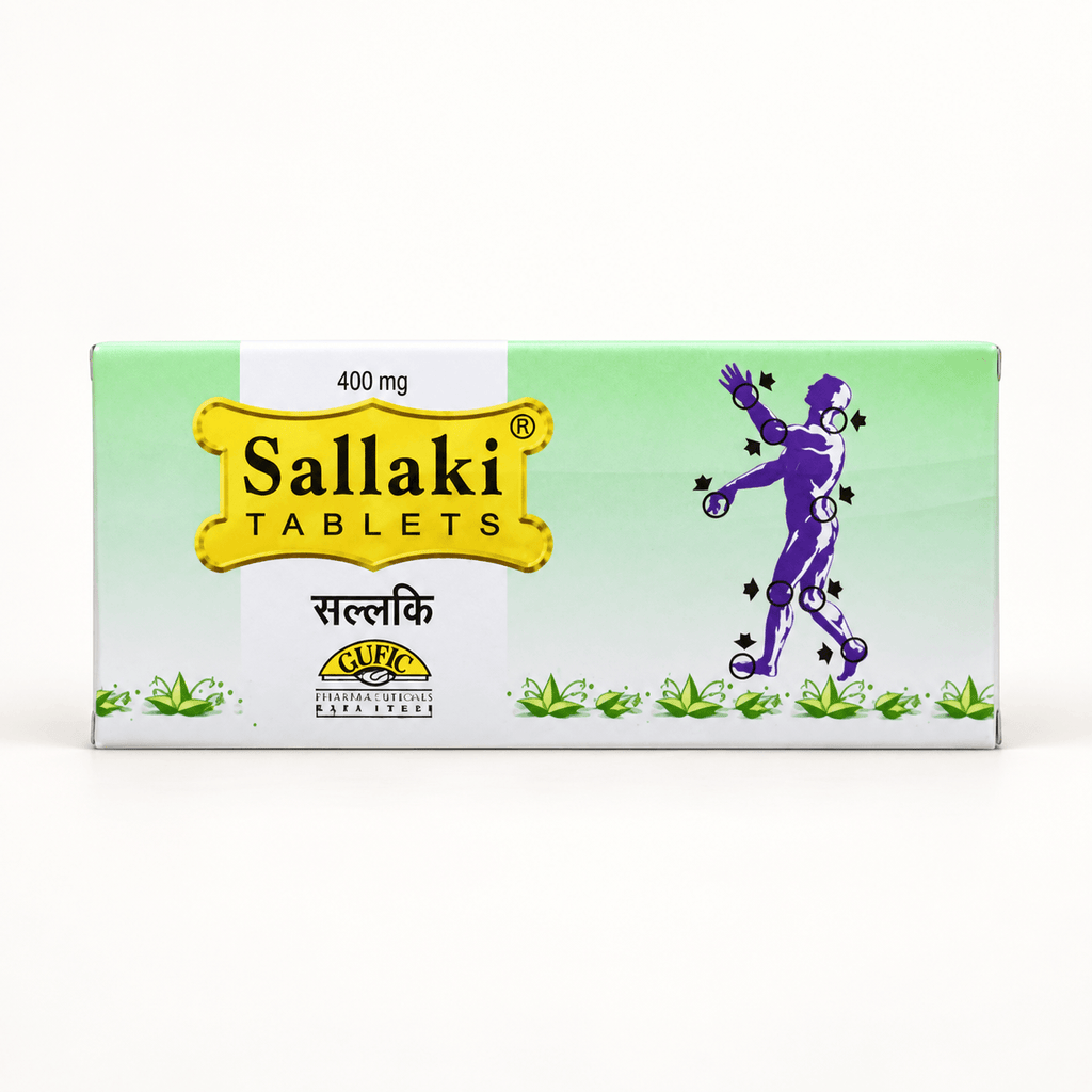 Gufic Sallaki Weihrauchtabletten 400 mg, Vorderseite der grün-weißen Verpackung