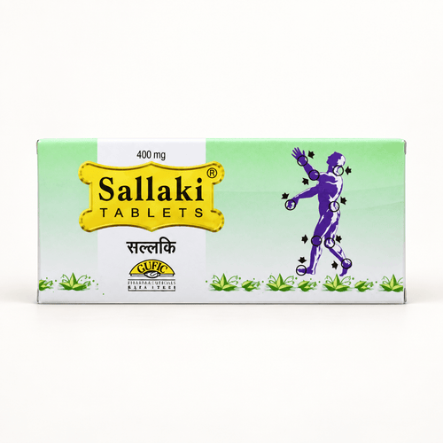Gufic Sallaki Weihrauchtabletten 400 mg, Vorderseite der grün-weißen Verpackung