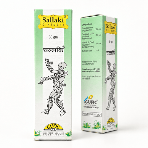 Gufic Sallaki Weihrauchsalbe 30 g, Vorder- und Seitenansicht der Verpackung mit Inhaltsstoffangaben