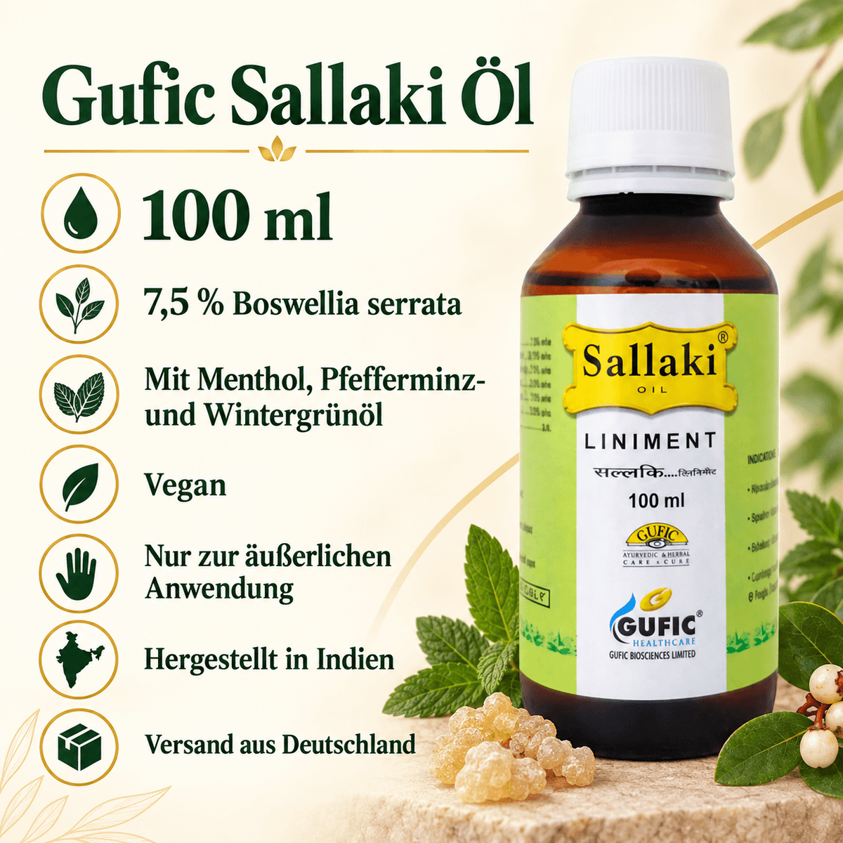 Gufic Sallaki Öl 100 ml: 7,5 % Boswellia serrata, Menthol, Pfefferminz- und Wintergrünöl; vegan, nur zur äußerlichen Anwendung, hergestellt in Indien, Versand aus Deutschland