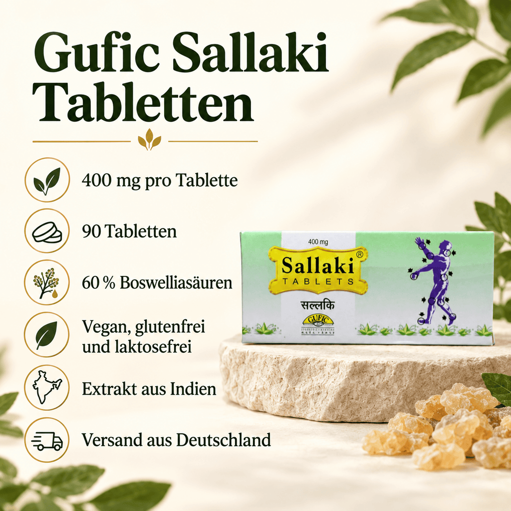 Infografik zu Gufic Sallaki Tabletten: 400 mg pro Tablette, 90 Tabletten, 60 % Boswelliasäuren; vegan, gluten- und laktosefrei; Extrakt aus Indien, Versand aus Deutschland