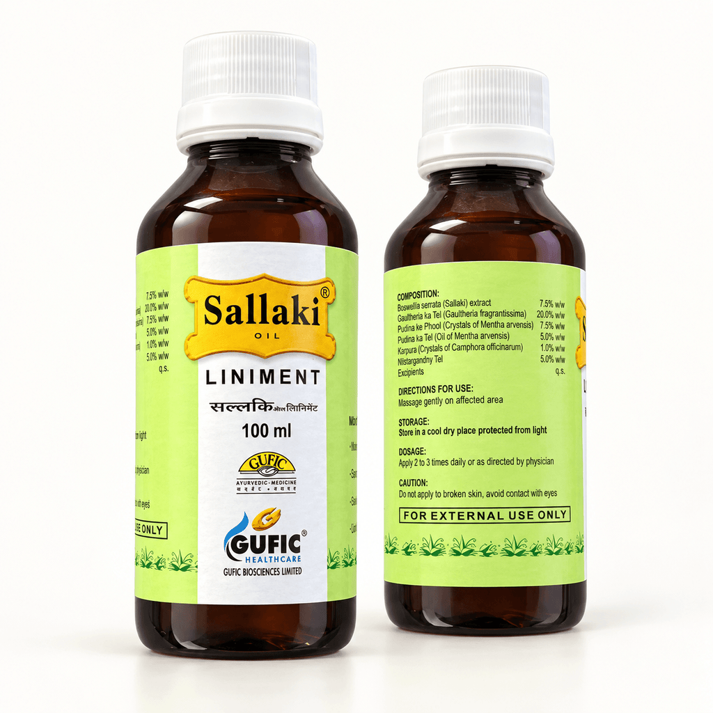 Gufic Sallaki Weihrauchöl 100 ml, Vorder- und Rückansicht der Flasche mit Inhaltsstoffangaben und Anwendungshinweisen