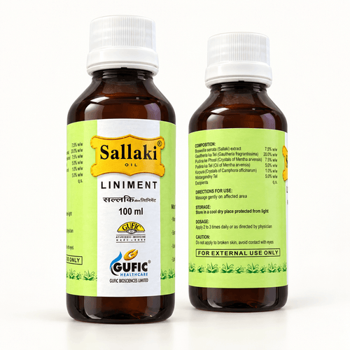 Gufic Sallaki Weihrauchöl 100 ml, Vorder- und Rückansicht der Flasche mit Inhaltsstoffangaben und Anwendungshinweisen