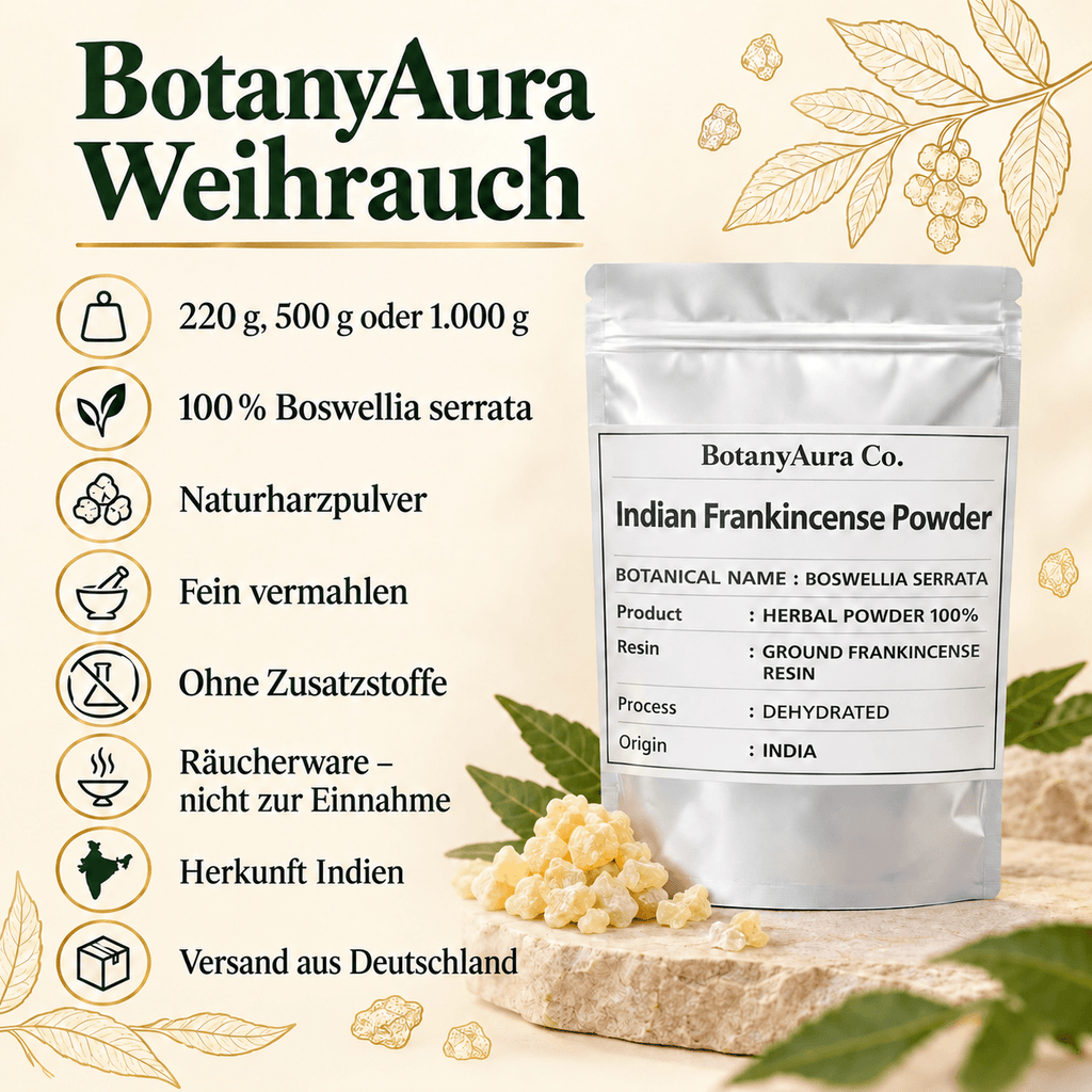 BotanyAura Weihrauch-Naturharzpulver: 220 g, 500 g oder 1000 g, Boswellia serrata aus Indien, fein vermahlen; Räucherware, nicht zur Einnahme