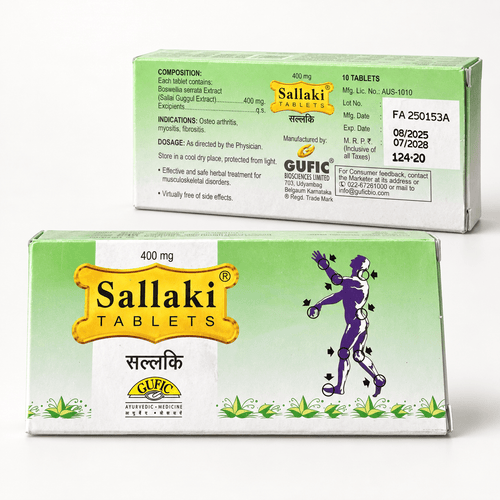 Gufic Sallaki Weihrauchtabletten 400 mg, Vorder- und Rückseite der Verpackung mit Hersteller- und Chargenangaben