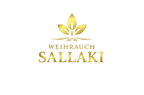 Weihrauch Sallaki – goldener Schriftzug mit stilisiertem Blattmotiv.