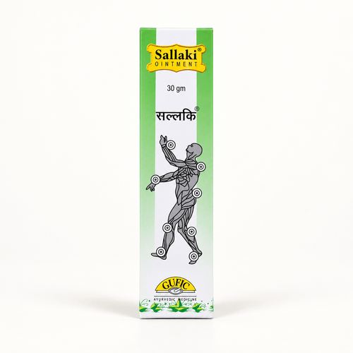 Gufic Sallaki Weihrauchsalbe 30 g, Vorderseite der grün-weißen Verpackung