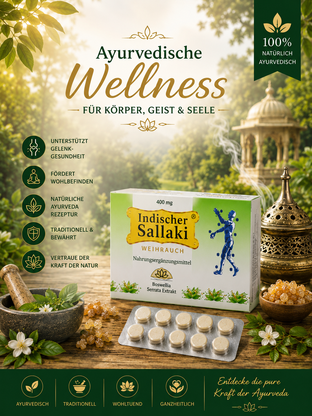 Sallaki Weihrauch Tabletten 400 mg – Boswellia serrata Nahrungsergänzungsmittel, 90 Stück, vegan, ayurvedisch