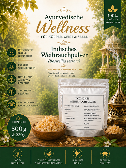 Sallaki Indisches Weihrauchpulver – 100 % reines Boswellia serrata Naturharzpulver, 500 g & 220 g Standbeutel mit Produktetikett
