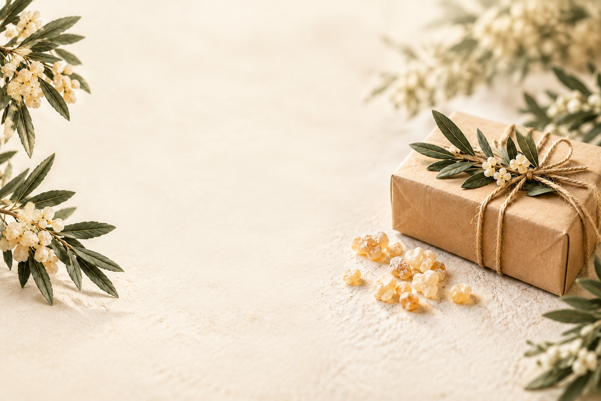 In Papier verpacktes Paket mit Schnur, weißen Blüten und grünen Zweigen neben Weihrauchharz